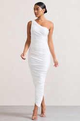 White One Shoulder Asymmetric Ruched Midi Dress